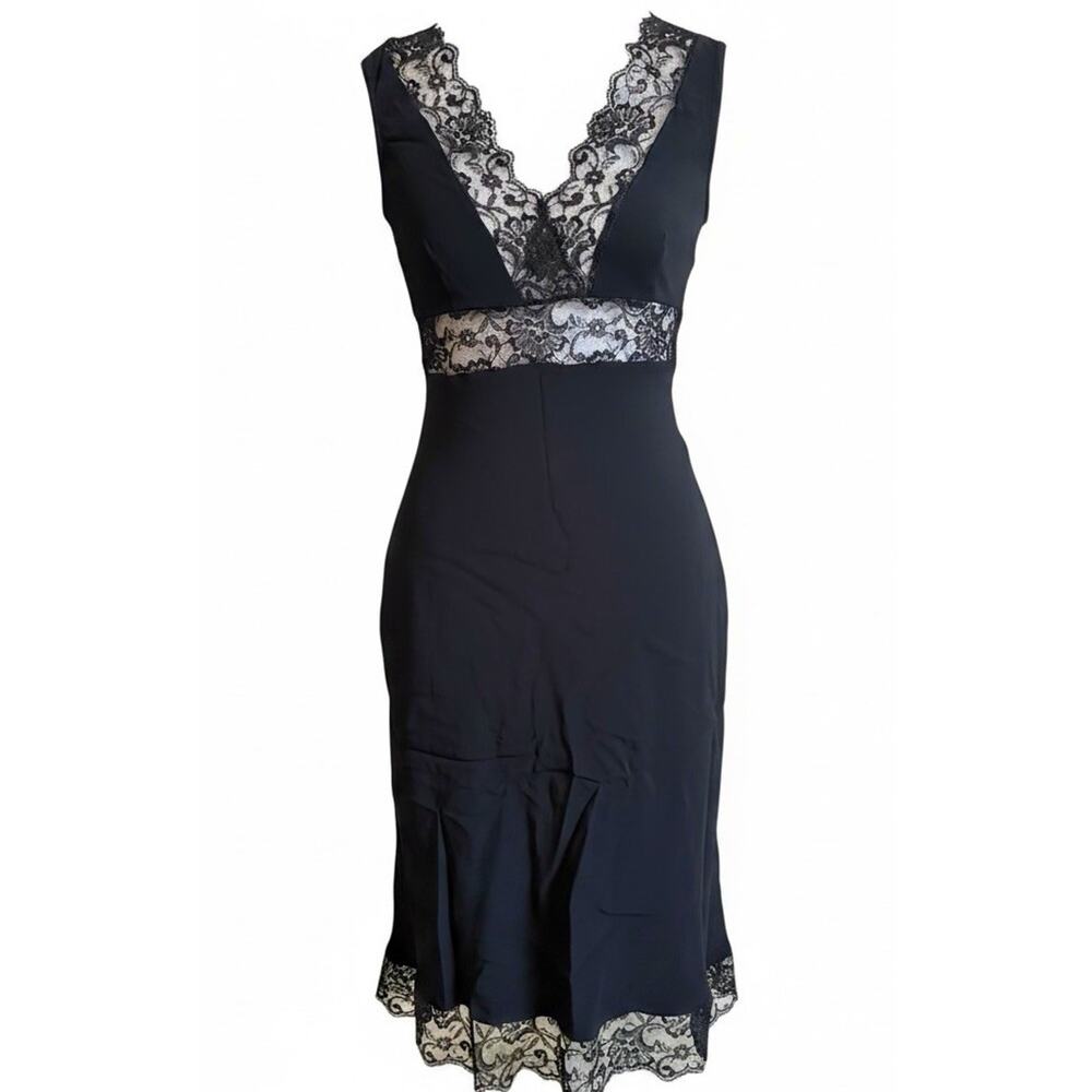 VTG Y2K Bebe Black Lace Cocktail Dress Sheer Midriff Cutout Bodycon Sexy USA S